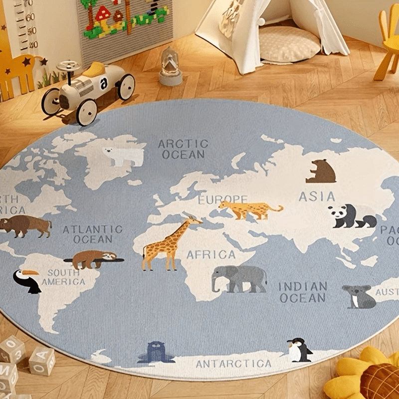 Kids Education World - พรมปูพื้นลายแผนที่โลกสำหรับเด็ก แผ่นรองเล่นนุ่มสบาย พิมพ์ลายสัตว์เพื่อการเรียนรู้ภูมิศาสตร์ เหมาะสำหรับตกแต่งห้องเรียนหรือห้องเด็ก
