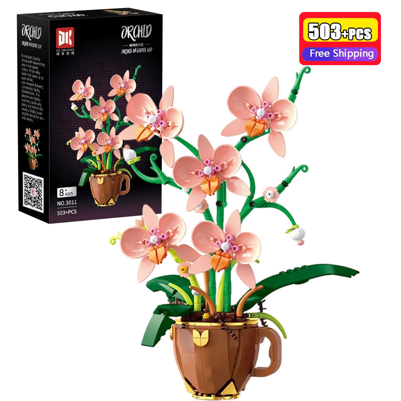 Orchid Kids Education - 503 ชิ้น DK3011 บล็อกตัวต่อถ้วยกาแฟดอกกล้วยไม้ช่อดอกไม้บอนไซรุ่นอิฐชุดของเล่นเด็กการศึกษาของขวัญวันหยุด