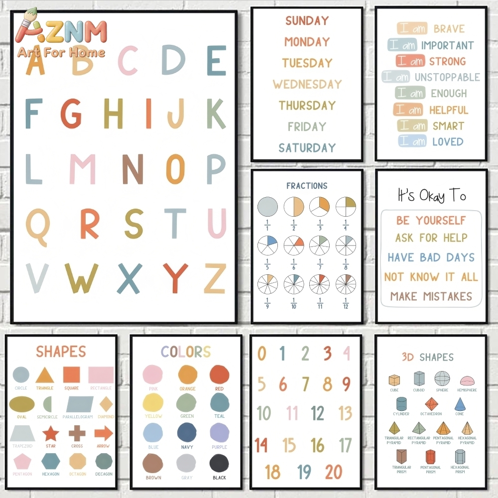 Kids Education Yes - AZNM ศิลปะบนผืนผ้าใบแบบไม่มีกรอบสำหรับการศึกษาตัวอักษรและตัวเลข, โปสเตอร์การเรียนรู้สำหรับเด็ก, ของตกแต่งห้องเรียนสำหรับเด็กเล็ก, สีทาแบบไม่มีกรอบ