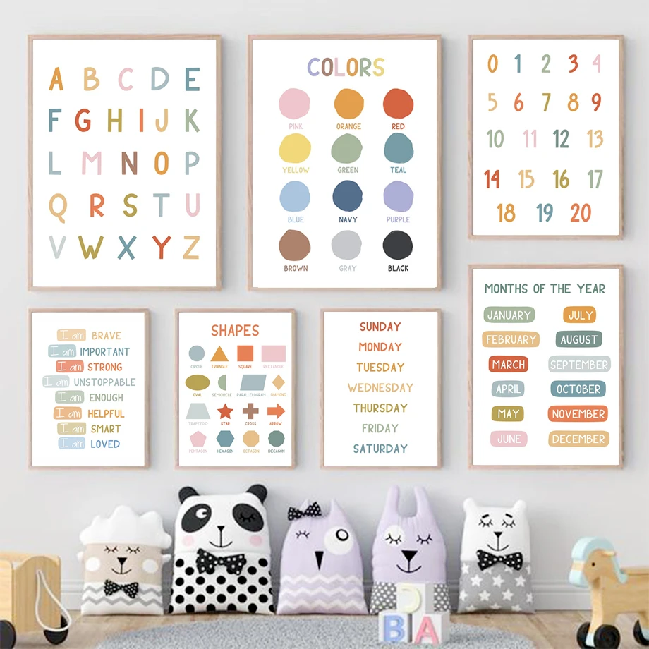 Kids Education Yes - โปสเตอร์การศึกษาภาษาอังกฤษ ตัวอักษร ตัวเลข สี รูปทรง ภาพพิมพ์ศิลปะติดผนัง